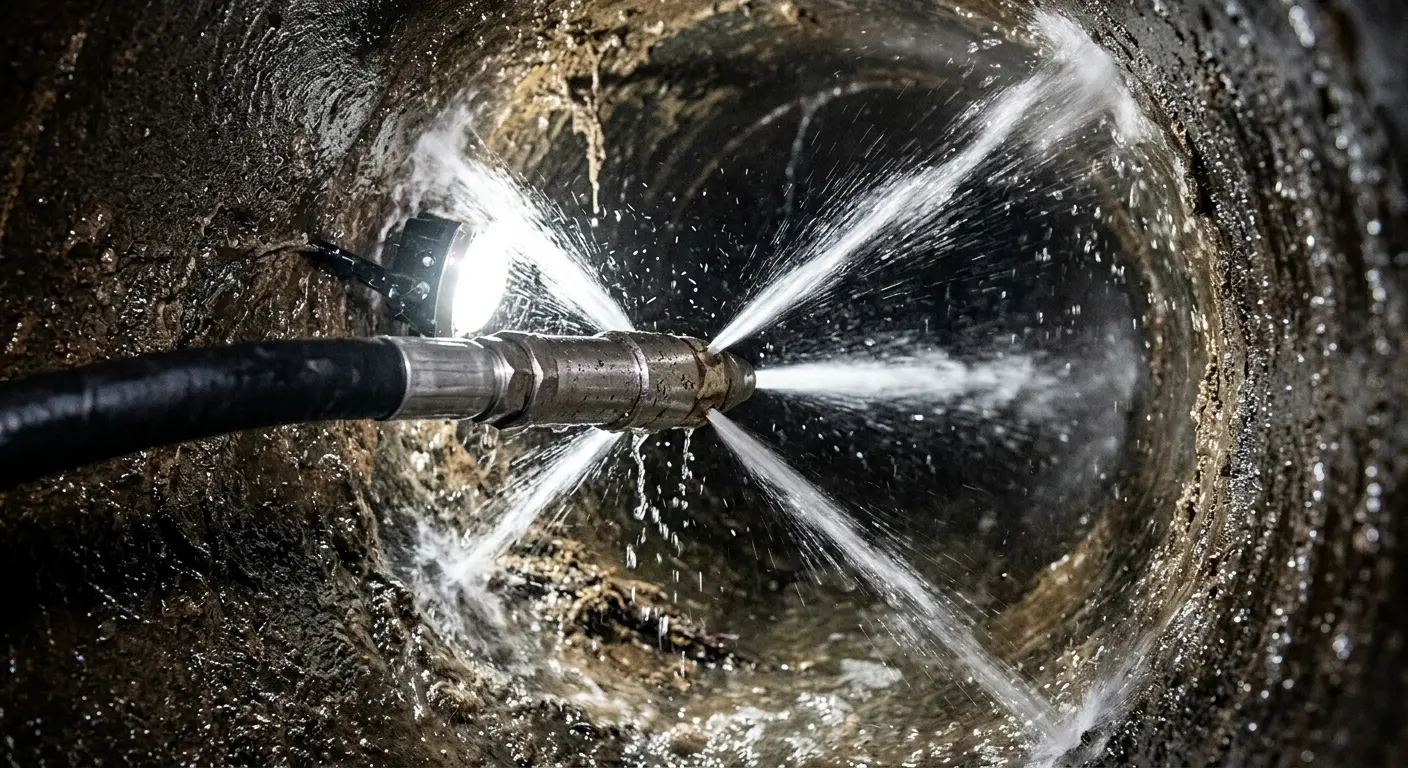 High-pressure hydro jetting nozzle cleaning sewer pipe for Sewer Cleanout in Krum