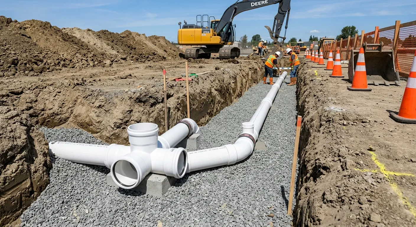 New PVC sewer pipe installation in open trench for Sewer Backup in Krum