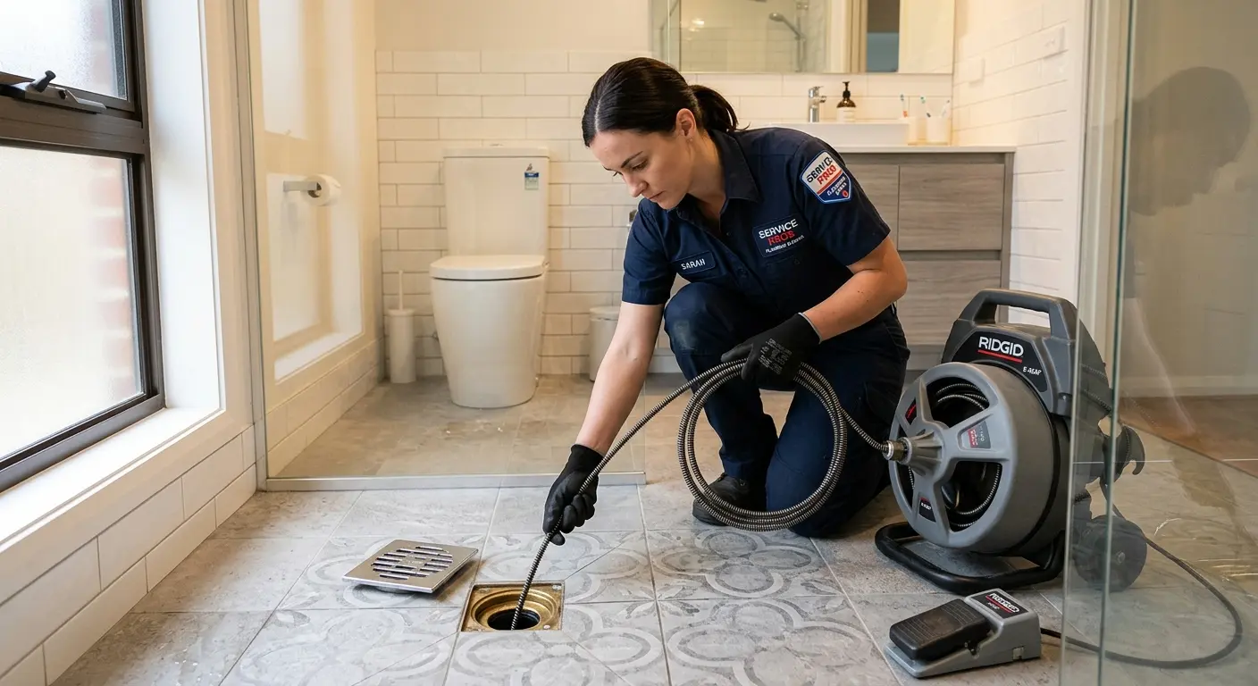 Technician clearing a bathroom floor drain for Hydro Jetting in Krum